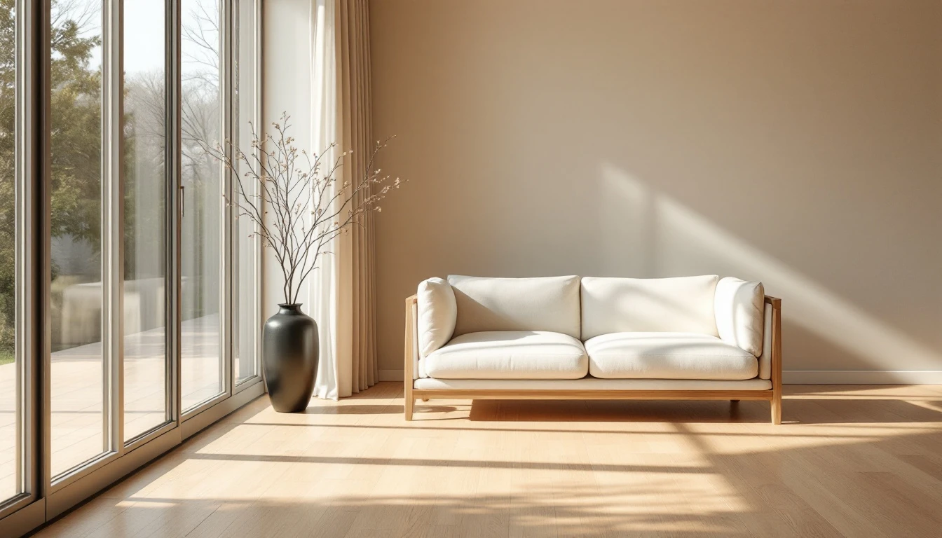 A serene Scandinavian-Japandi living room interior, used here as a wider view of the kitchen and home.
